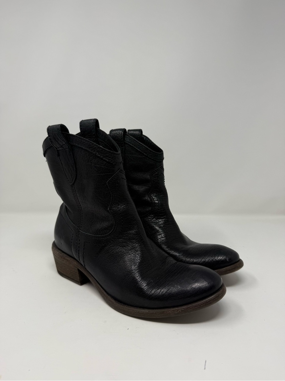 Frye Black Leather Short Western Ankle Boots